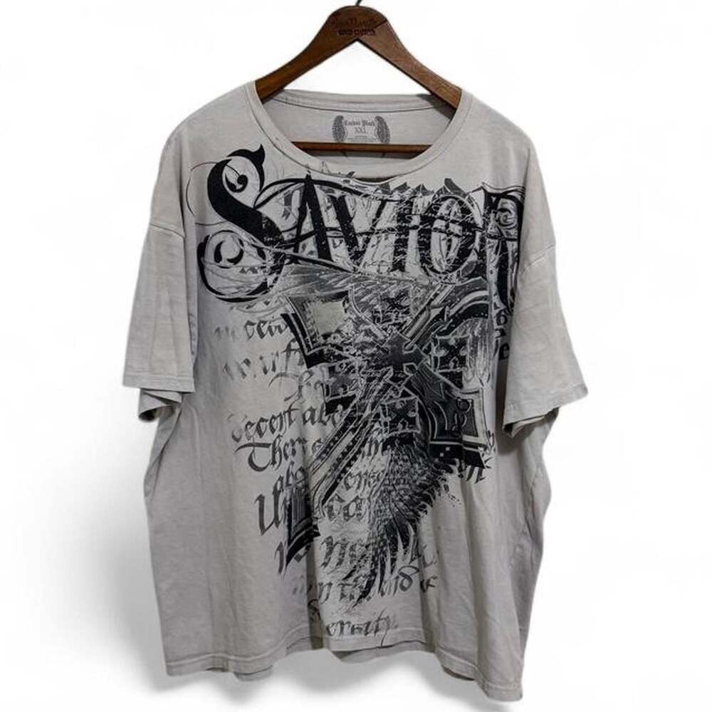 Vintage Carbon Black Savior Winged Cross Graphic T-Shirt XXL